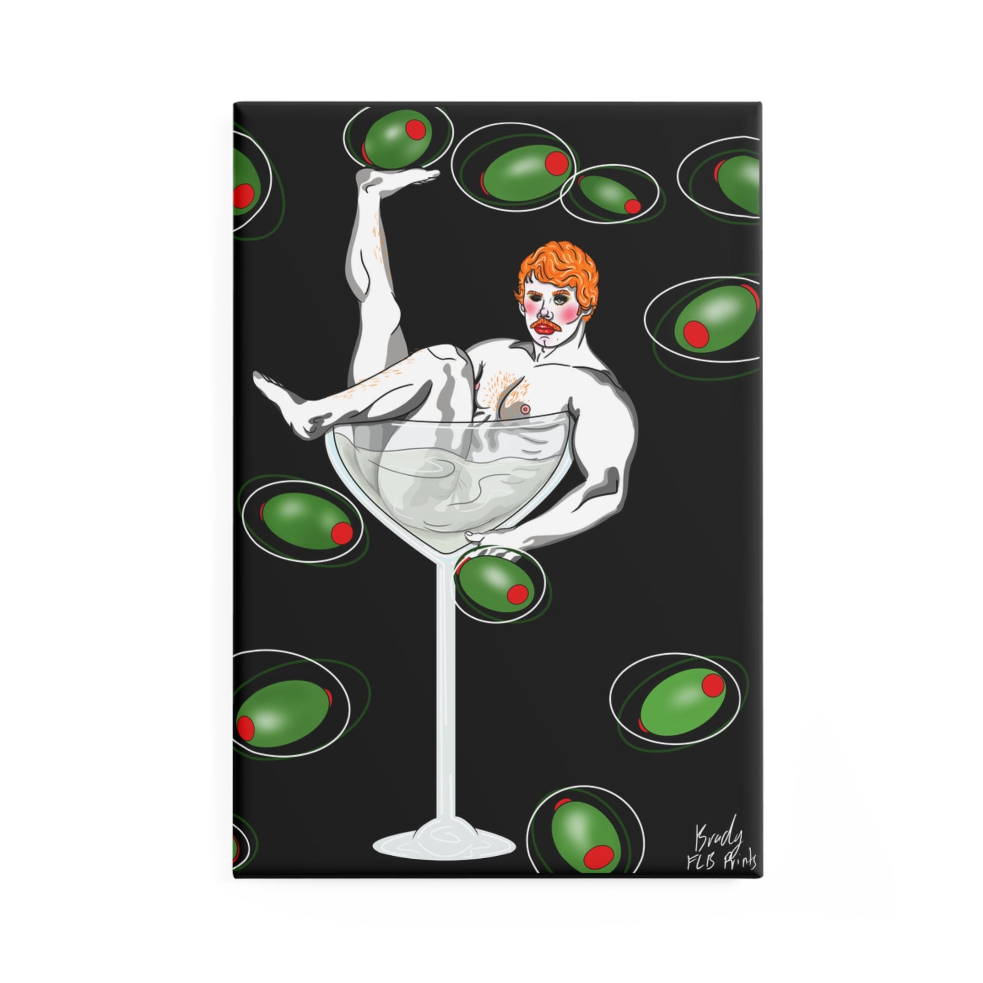 Sculpture of a nude figure on a black background with green and red circles.