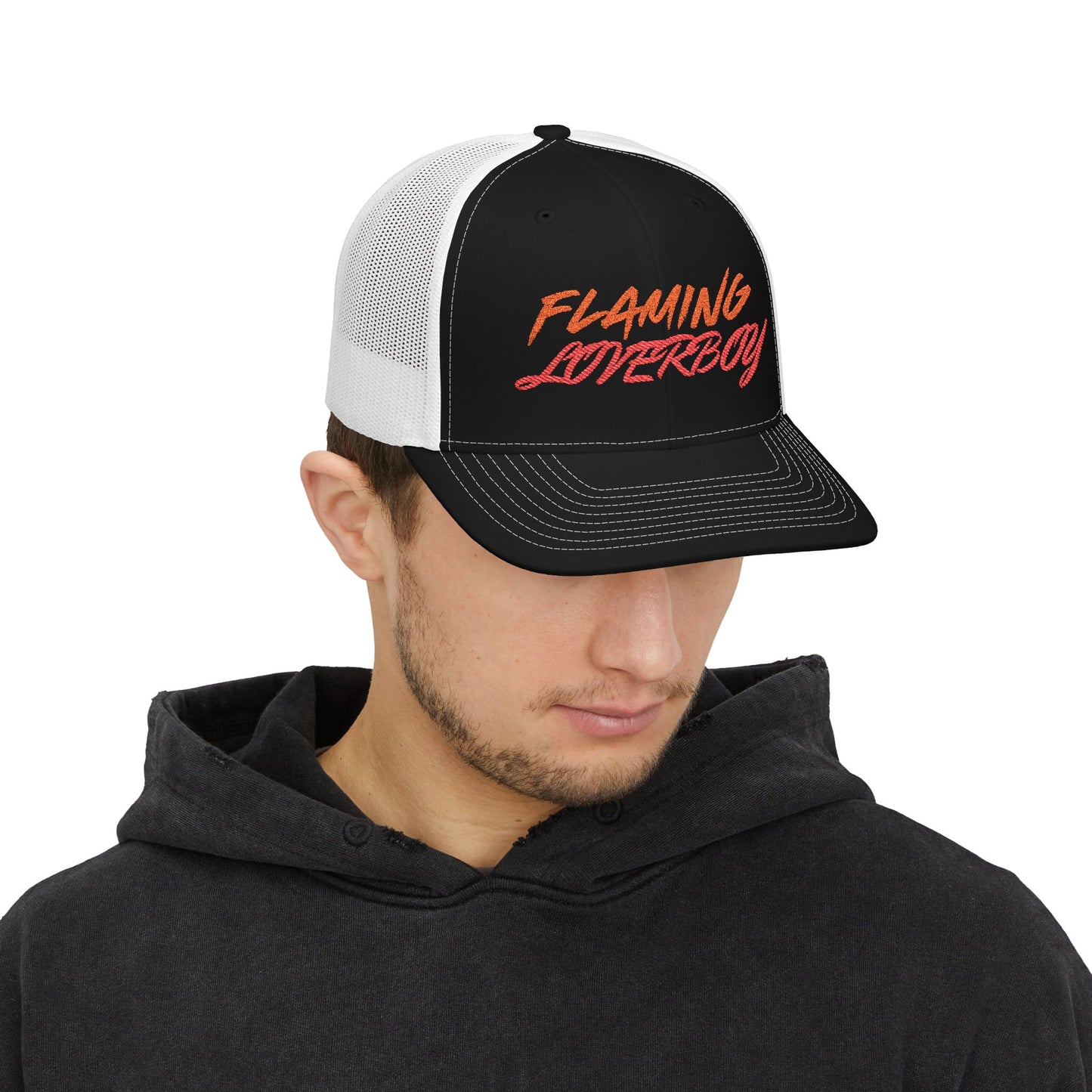 Embroidered Flaming Loverboy snapback trucker hat